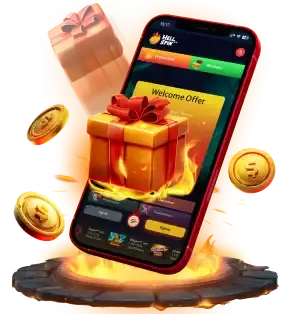 HellSpin app on a phone with a gift box