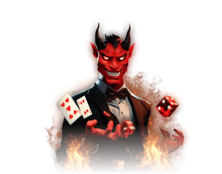 HellSpin devil dealer with cards and dice