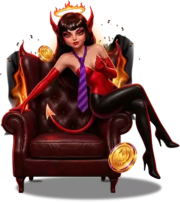 HellSpin devil girl in red sitting in a leather armchair with gold coins