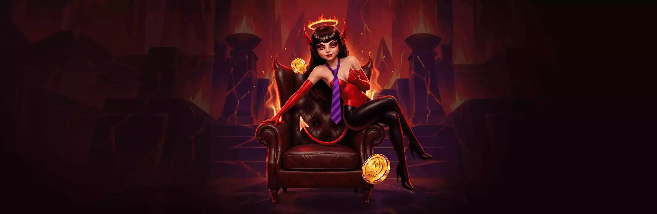 HellSpin devil queen on her throne in a fiery hall